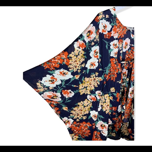 UMGEE Pretty Perfect Floral Print Bell Sleeve Open Front Kimono Navy Blue Small - Picture 7 of 11
